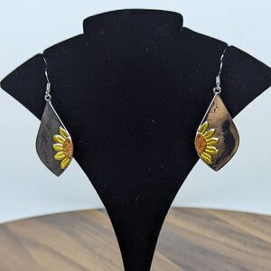 Silver Tone Sunflower Teardrop Earrings